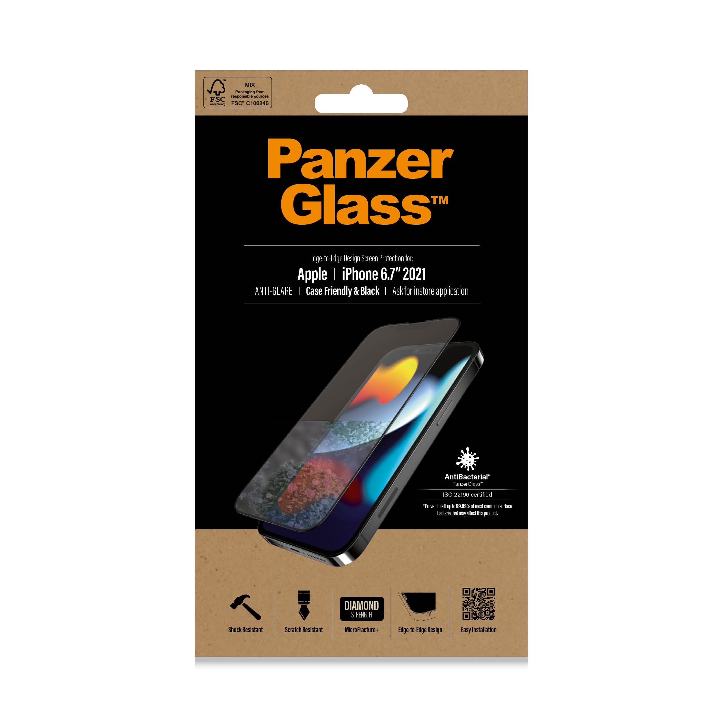 PanzerGlass 丹麥2.5D滿版耐衝擊抗菌抗眩光霧面玻璃保護貼(黑) iPhone